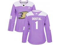 #1 Adidas Authentic Lukas Dostal Women's Purple NHL Jersey - Anaheim Ducks Fights Cancer Practice