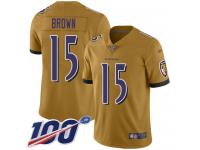 #15 Limited Marquise Brown Gold Football Men's Jersey Baltimore Ravens Inverted Legend 100th Season