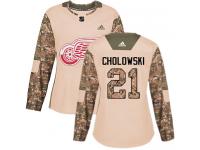 #21 Adidas Authentic Dennis Cholowski Women's Camo NHL Jersey - Detroit Red Wings Veterans Day Practice