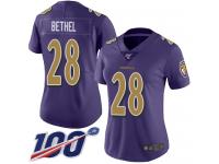 #28 Limited Justin Bethel Purple Football Women's Jersey Baltimore Ravens Rush Vapor Untouchable 100th Season
