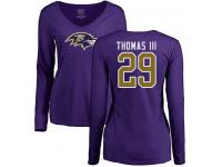#29 Earl Thomas III Purple Football Name & Number Logo Women's Baltimore Ravens Long Sleeve T-Shirt