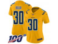 #30 Limited Austin Ekeler Gold Football Women's Jersey Los Angeles Chargers Inverted Legend 100th Season