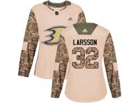 #32 Adidas Authentic Jacob Larsson Women's Camo NHL Jersey - Anaheim Ducks Veterans Day Practice