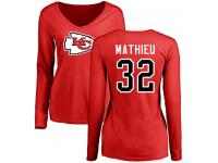 #32 Tyrann Mathieu Red Football Name & Number Logo Slim Fit Women's Kansas City Chiefs Long Sleeve T-Shirt