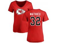 #32 Tyrann Mathieu Red Football Name & Number Logo Slim Fit Women's Kansas City Chiefs T-Shirt