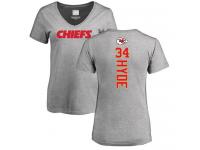 #34 Carlos Hyde Ash Football Backer V-Neck Women's Kansas City Chiefs T-Shirt