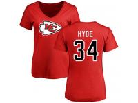 #34 Carlos Hyde Red Football Name & Number Logo Slim Fit Women's Kansas City Chiefs T-Shirt
