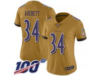 #34 Limited Anthony Averett Gold Football Women's Jersey Baltimore Ravens Inverted Legend 100th Season