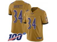 #34 Limited Anthony Averett Gold Football Youth Jersey Baltimore Ravens Inverted Legend 100th Season