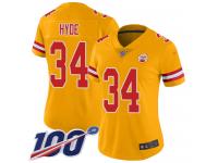 #34 Limited Carlos Hyde Gold Football Women's Jersey Kansas City Chiefs Inverted Legend Vapor Rush 100th Season