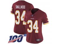 #34 Limited Wendell Smallwood Burgundy Red Football Home Women's Jersey Washington Redskins Vapor Untouchable 100th Season