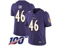 #46 Limited Morgan Cox Purple Football Home Youth Jersey Baltimore Ravens Vapor Untouchable 100th Season