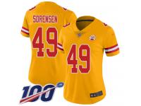 #49 Limited Daniel Sorensen Gold Football Women's Jersey Kansas City Chiefs Inverted Legend Vapor Rush 100th Season