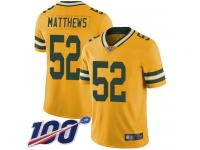#52 Limited Clay Matthews Gold Football Men's Jersey Green Bay Packers Rush Vapor Untouchable 100th Season