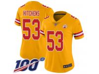 #53 Limited Anthony Hitchens Gold Football Women's Jersey Kansas City Chiefs Inverted Legend Vapor Rush 100th Season