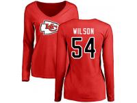 #54 Damien Wilson Red Football Name & Number Logo Slim Fit Women's Kansas City Chiefs Long Sleeve T-Shirt