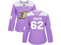 #62 Adidas Authentic Andrej Sustr Women's Purple NHL Jersey - Anaheim Ducks Fights Cancer Practice