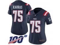 #75 Limited Ted Karras Navy Blue Football Women's Jersey New England Patriots Rush Vapor Untouchable 100th Season