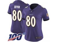 #80 Limited Miles Boykin Purple Football Home Women's Jersey Baltimore Ravens Vapor Untouchable 100th Season
