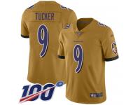 #9 Limited Justin Tucker Gold Football Men's Jersey Baltimore Ravens Inverted Legend 100th Season