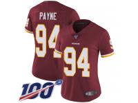 #94 Limited Da'Ron Payne Burgundy Red Football Home Women's Jersey Washington Redskins Vapor Untouchable 100th Season