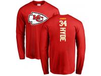 Men #34 Carlos Hyde Red Football Backer Kansas City Chiefs Long Sleeve T-Shirt