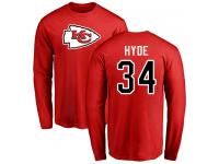 Men #34 Carlos Hyde Red Football Name & Number Logo Kansas City Chiefs Long Sleeve T-Shirt