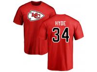 Men #34 Carlos Hyde Red Football Name & Number Logo Kansas City Chiefs T-Shirt