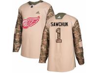 Men Adidas Detroit Red Wings #1 Terry Sawchuk Camo Veterans Day Practice NHL Jersey
