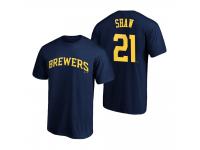 Men Milwaukee Brewers Travis Shaw Navy 2020 Official T-Shirt