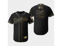 Men's Dodgers 2019 Black Golden Edition Hyun-Jin Ryu Flex Base Stitched Jersey