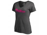 Women 2017 Mother's Day Philadelphia Phillies Pink Wordmark V-Neck Slim Fit Heather Gray T-Shirt