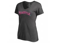 Women 2017 Mother's Day Seattle Mariners Pink Wordmark V-Neck Slim Fit Heather Gray T-Shirt