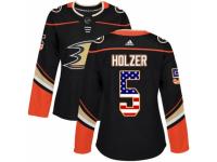 Women Adidas Anaheim Ducks #5 Korbinian Holzer Black USA Flag Fashion NHL Jersey