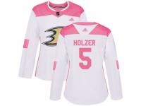 Women Adidas Anaheim Ducks #5 Korbinian Holzer White/Pink Fashion NHL Jersey