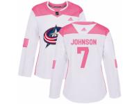 Women Adidas Columbus Blue Jackets #7 Jack Johnson White/Pink Fashion NHL Jersey