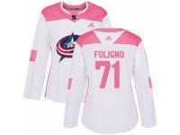 Women Adidas Columbus Blue Jackets #71 Nick Foligno White/Pink Fashion NHL Jersey