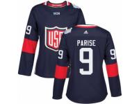 Women Adidas Team USA #9 Zach Parise Premier Navy Blue Away 2016 World Cup Hockey Jersey
