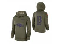 Women Baltimore Ravens #13 John Brown 2018 Salute to Service Olive Team Logo Pullover Hoodie