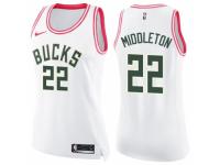 Women Nike Milwaukee Bucks #22 Khris Middleton Swingman White/Pink Fashion NBA Jersey