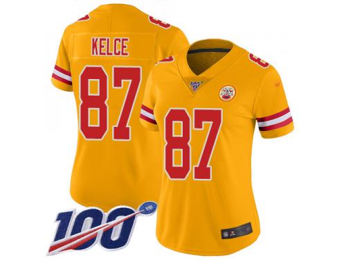 #87 Limited Travis Kelce Gold Football Women's Jersey Kansas City Chiefs Inverted Legend Vapor Rush 100th Season