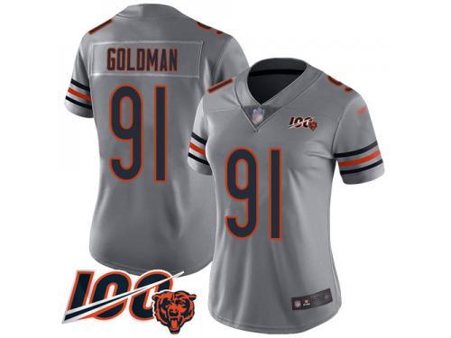 #91 Limited Eddie Goldman Silver Football Women's Jersey Chicago Bears Inverted Legend Vapor Rush 100th Season