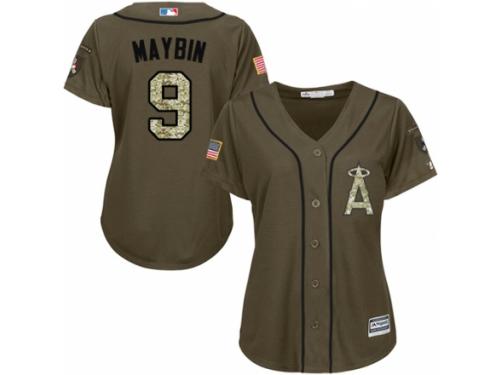 Women's Majestic Los Angeles Angels of Anaheim #9 Cameron Maybin Authentic Green Salute to Service MLB Jersey